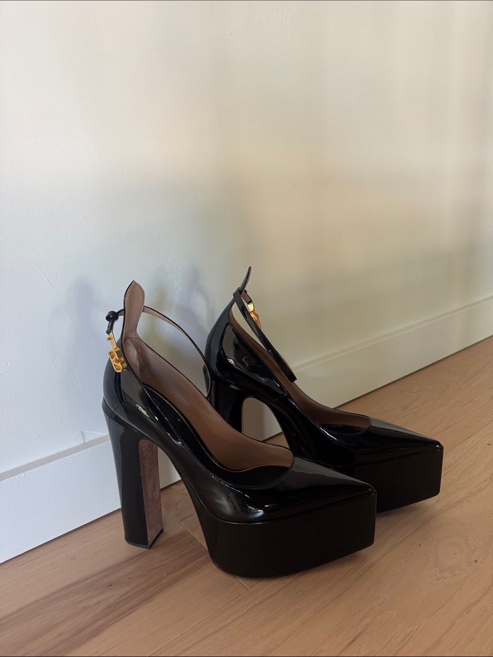 Valentino Garavani Black Patent Leather Platform Slingback Pumps